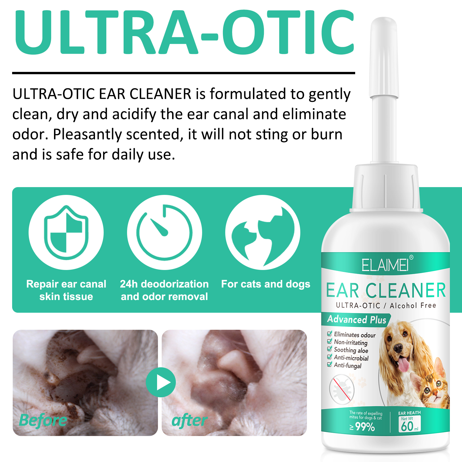 ELAIMEI Natural Safe Wash Treatment Alcohol Free Non-irritating Pet Ear Cleaner for All Cat Dog
