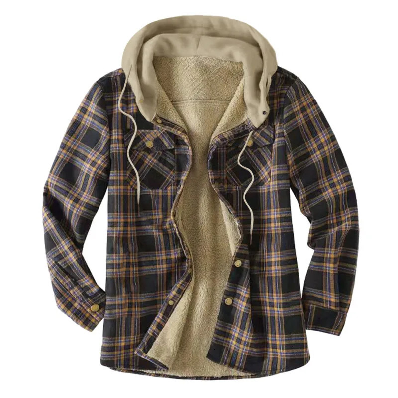 Mens casual hooded plain woolen sweater with warm velvet lining for autumn and winter flannel shirt for mens Camisas De Hombre 241126