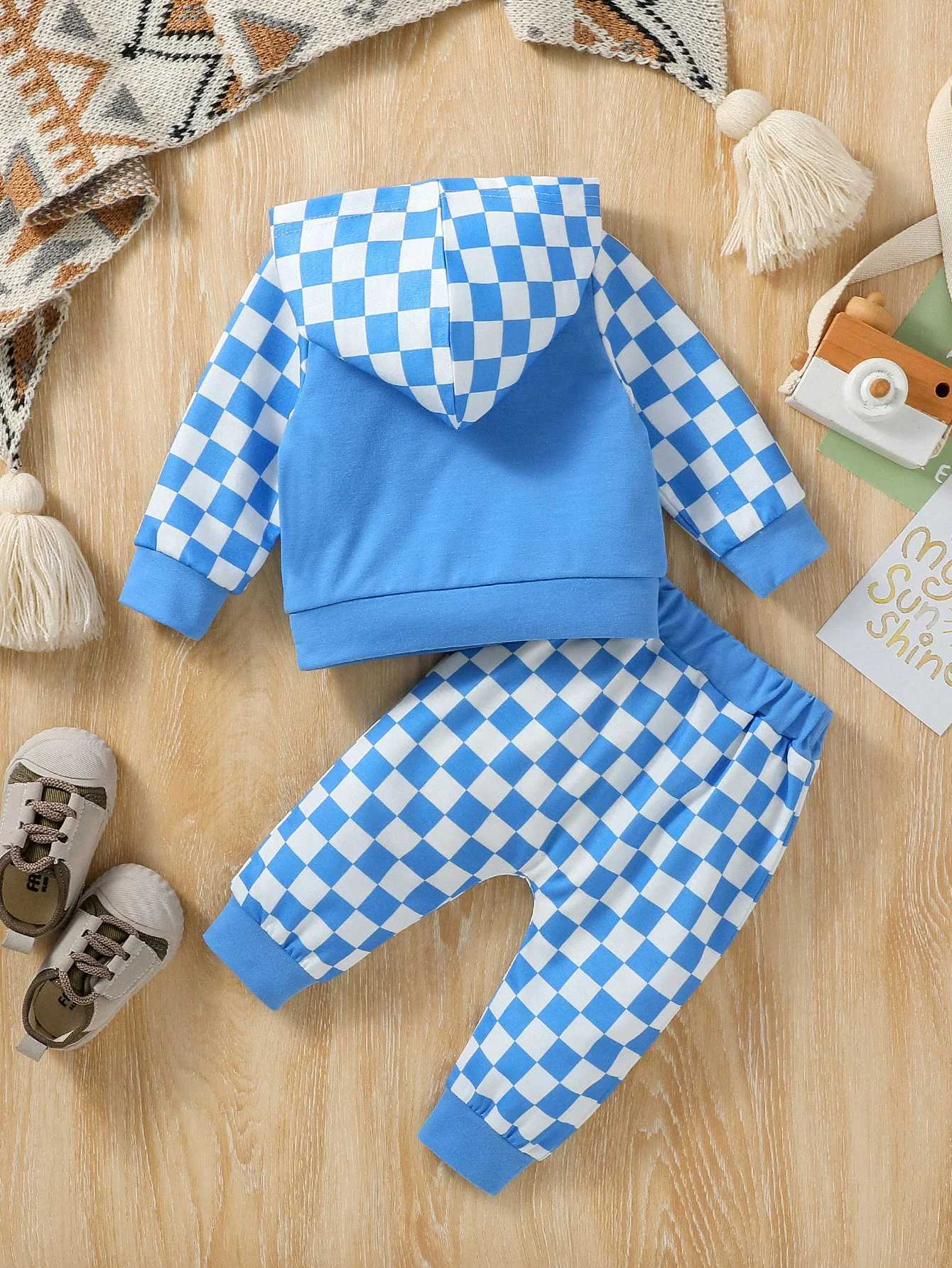 Clothing Sets 2024 New Baby Boys Long Sleeve Hooded Plaid Sweatshirt +Pant For Fall sporty Style Clothing Set H241126