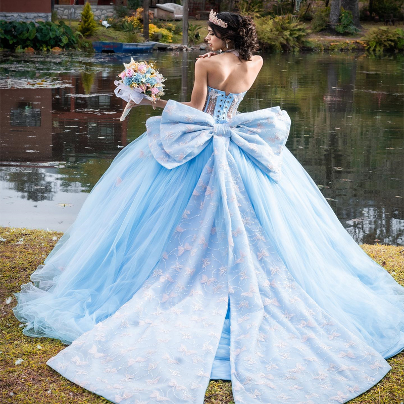 Sky Blue Off The Shoulder Ball Gown Quinceanera Dresses Bow Beads Tull Vestidos De 15 Anos Corset Dress For 16th Birthday