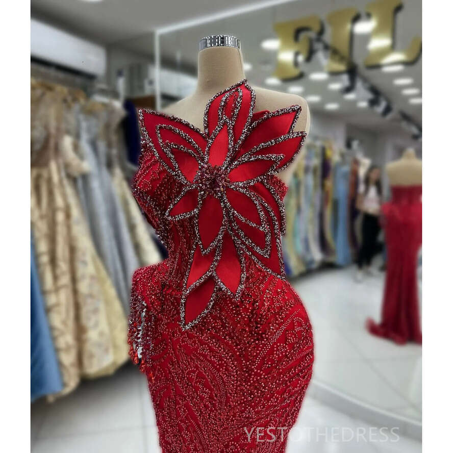 2024 Red Mermaid Prom Sheer Neck Promdress Evening Formal Beaded Lace Rhies Decorated Birthday Dress Second Reception Gowns Gala Gown
