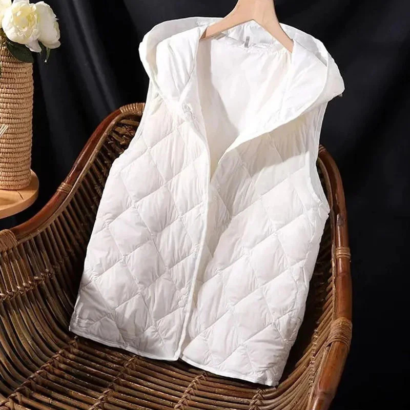 white down cotton vest jacket womens autumn fashion hooded short sleeved sleeveless thin vest jacket womens top 241126