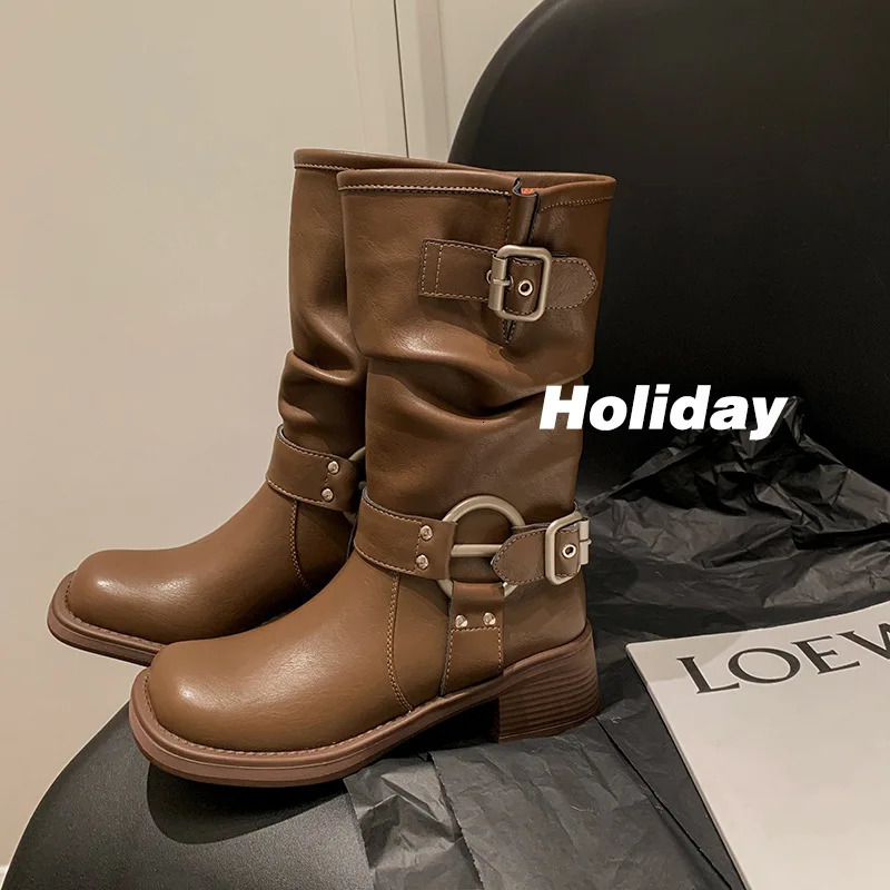 Real Soft Leather Western Cowboy Boots Belt Buckle Pile Boots Mid-calf Womens Knight Boots Martin Boots Womens Boots 241114