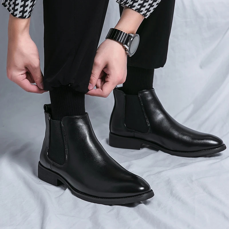 Martin boots short pointed English and cashmere Chelsea boots for men simple leather high-top business dress shoes 241114