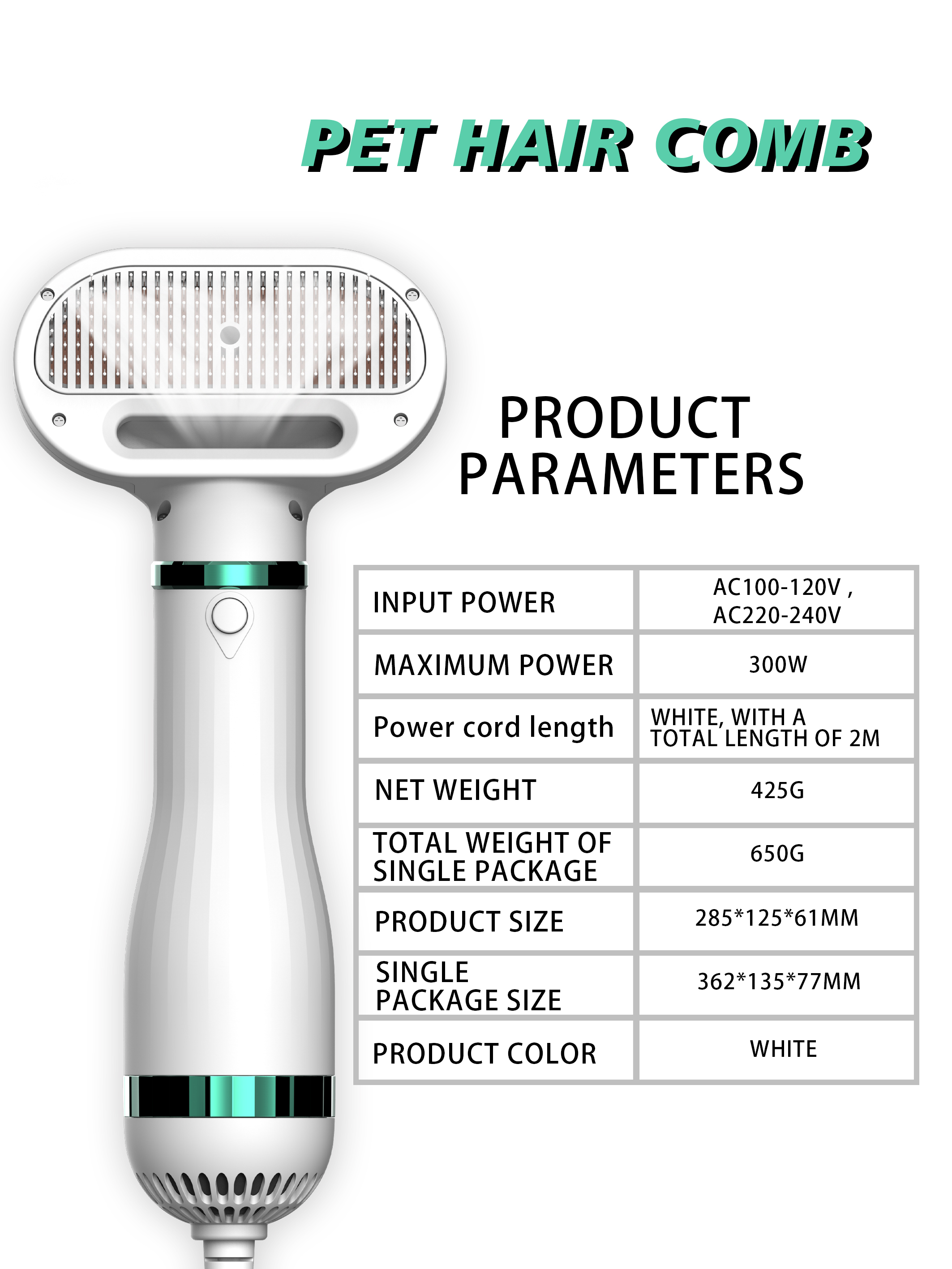 Pet Hair Dryer with 3 Heat Settings 2-in-1 Professional Pet Grooming Hair Dryer Blower for Small Medium pets