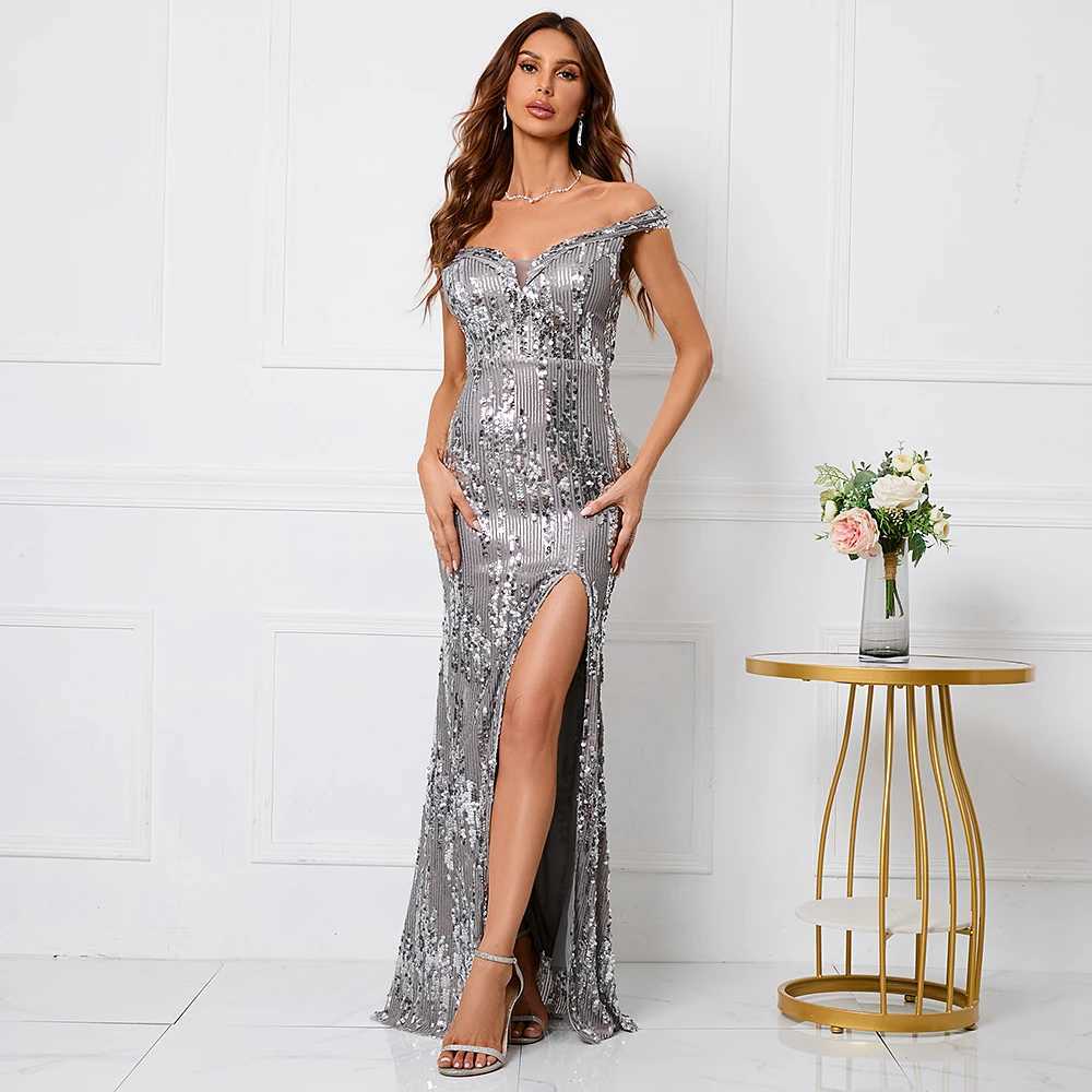 Runway Dresses YIDINGZS Women Sexy Slit Party Maxi Dress Off Shoulder Gray Sequin Evening Dress Long Prom Dress Y240426