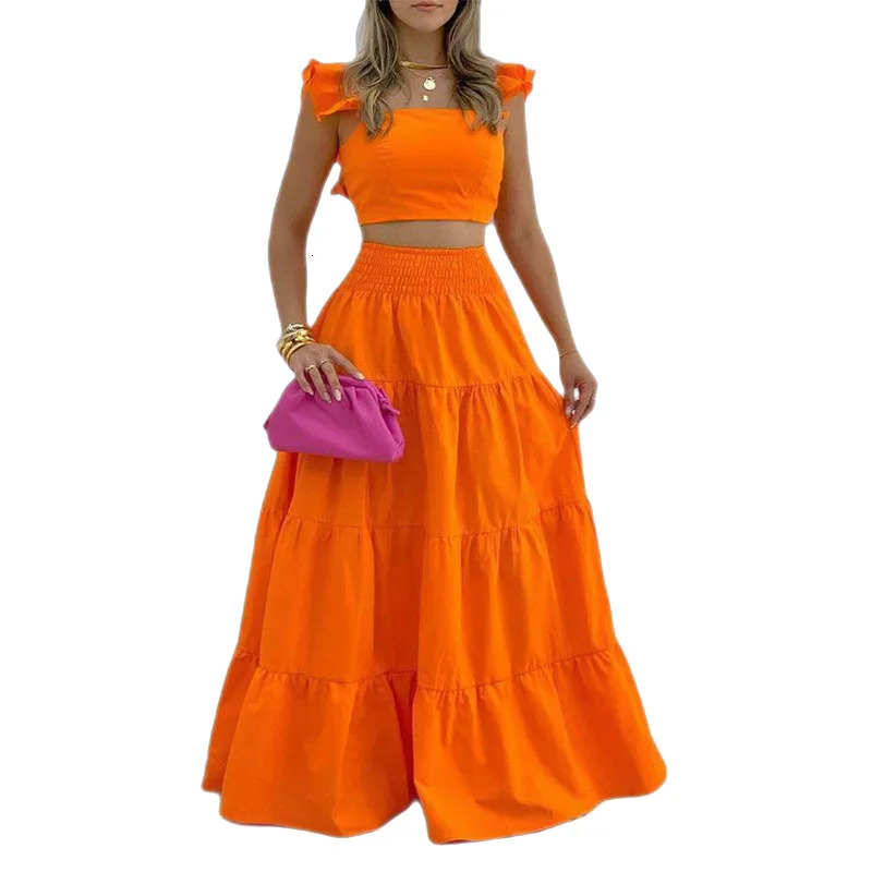 Dress Set Twopiece Womens Clothing Solid Color Sexy Suspender Large Swing Skirt Short Sleeved Square Neck Top Summer Outfits 240423