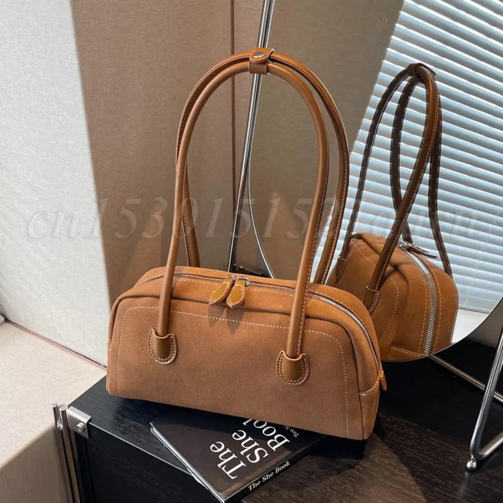 Retro Faux Suede Zipper Handbag High Quality Shoulder Bag for Women Solid Color Simple Commuting Underarm Chic Hobo 241125