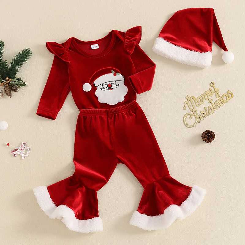Clothing Sets Toddler Girls Holiday Ensemble Festive Santa Claus Embroidered Romper with Matching Flare Pants and Hat Set for Christmas H241126
