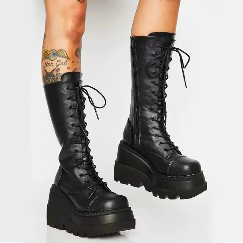 Punk Women Platform Boots Elastic Microfiber Chunky Heel Mid-calf Ladies Boots Spring Autumn Black Goth Women Shoes 241114