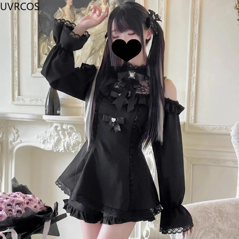 Japanese Gothic rhinestone bow dress set womens lace shoulder long sleeved ultra-thin shirt dress Lolita Y2k dress 241125