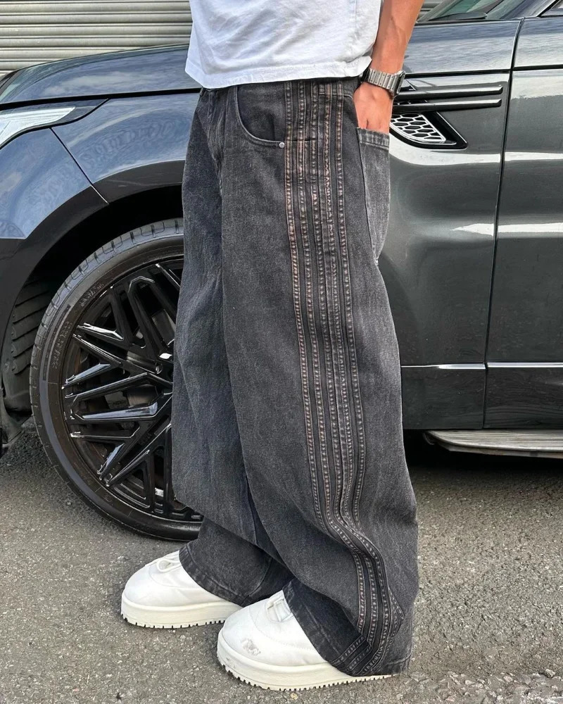 Embroidered pocket jeans with stickers mens street hip-hop retro black jeans mens casual wide leg jeans mens jeans 241126