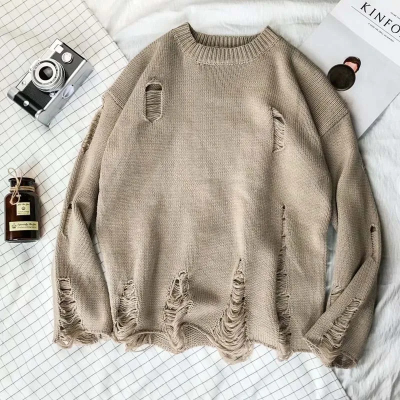 Lazy Streetwear mens style O-neck knitted cardigan sweater retro couple loose pull mens knitted hole sweater E91 241126