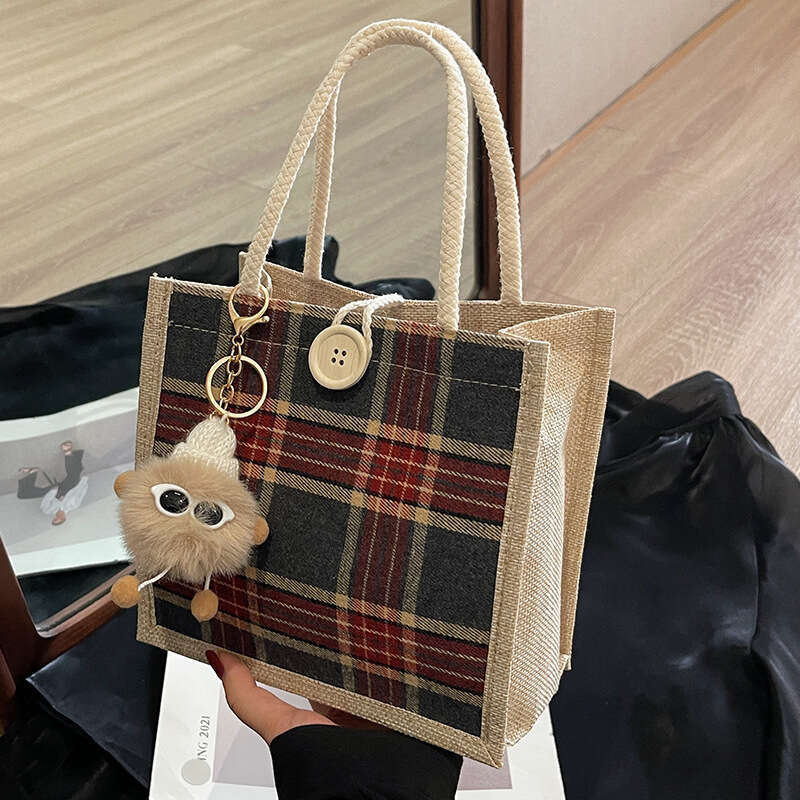 Office portable 2024 fashionable linen canvas for women Instagram stylish versatile single shoulder tote bag