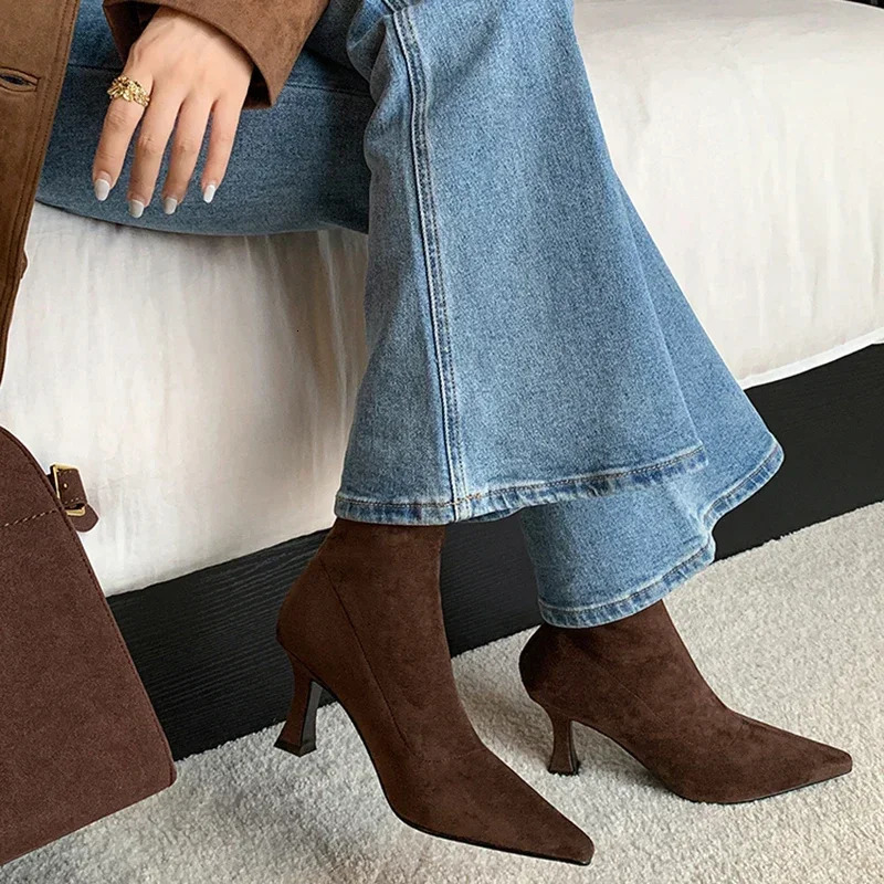 Vintage Women Ankle Boots Fashion Pointed Toe Shoes Autumn Winter High Heel Ladies Elegant Stretch Slim Short Booties 241126