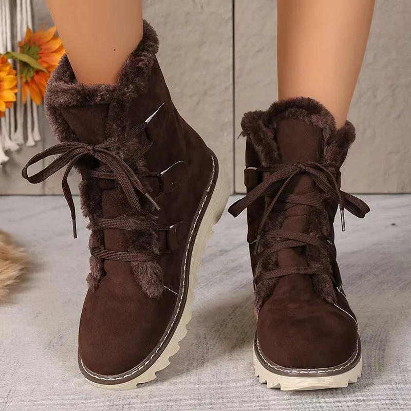 Winter Thicken Plush Ankle Boots Women Lace-Up Non-Slip Keep Warm Snow Boots Woman Faux Fur Flat Heel Warm Cotton-Padded Shoes 241114