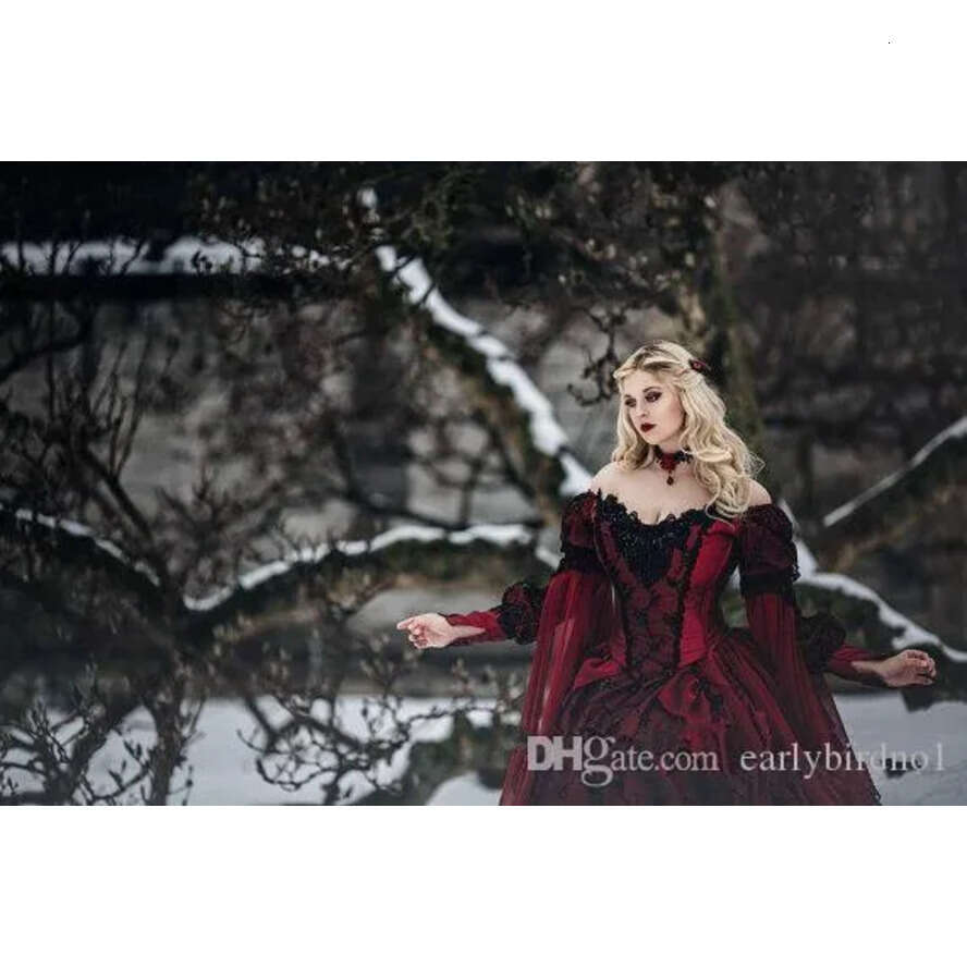New Gothic Sleeping Beauty Princess Medieval Bury And Black Wedding Dress Long Sleeve Lace Appliques Victorian Masquerade Bridal Gowns