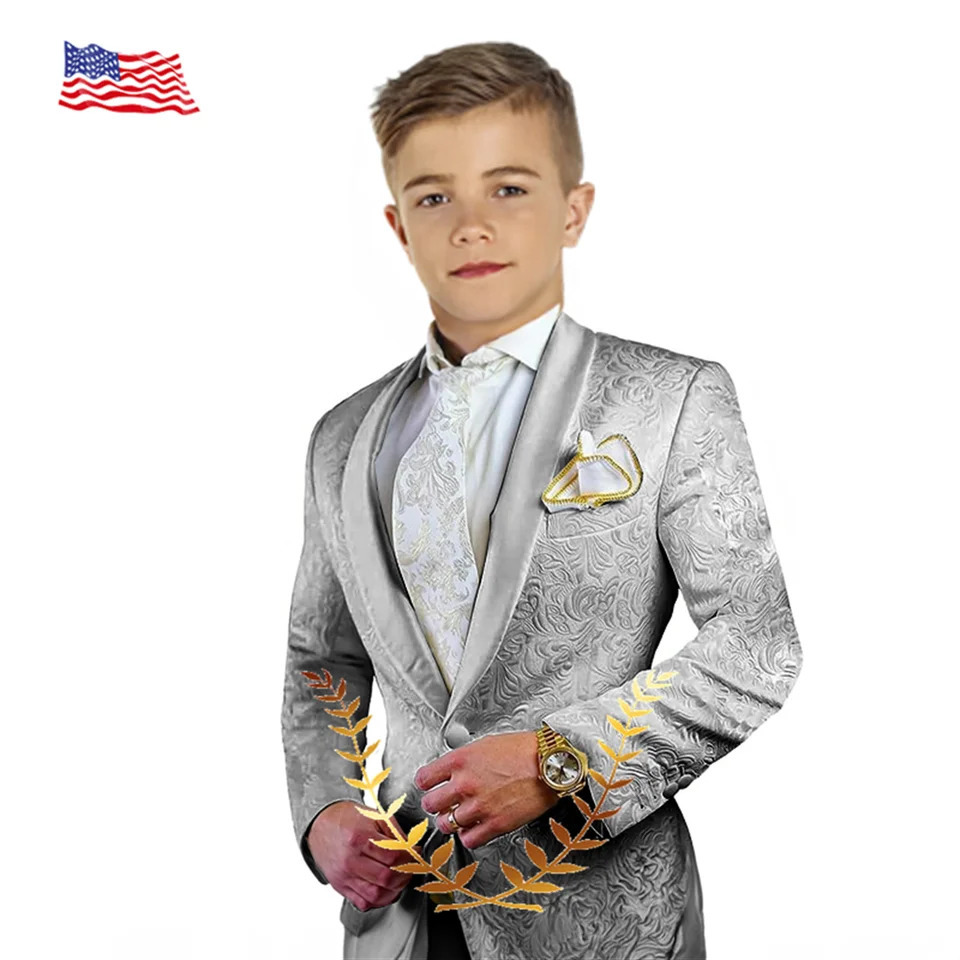 Jacquard Boys Wedding Suit Custom White Smoking Tuxedo Jacket Pants 2-piece Set Kids Terno Suit 241126