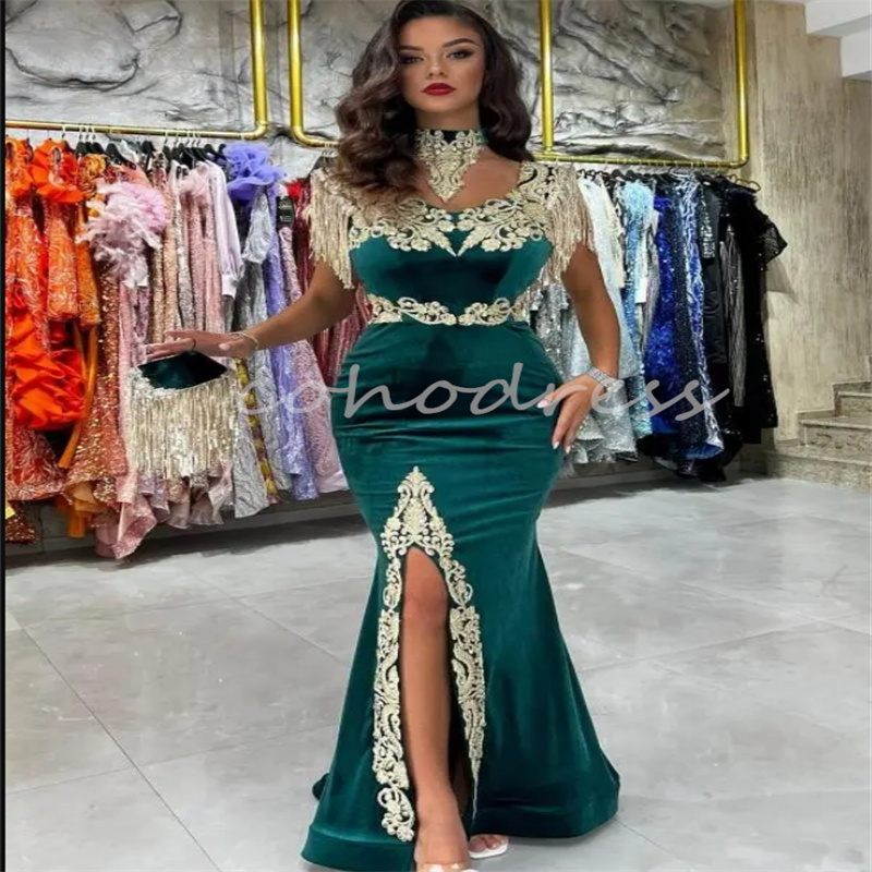 Traditional Kosovo Albanian Velvet Evening Dress Green Mermaid Velvet Slit Prom Dress Lace Tassle Birthday Party Gown Green Caftan Moroccan Formal Occ