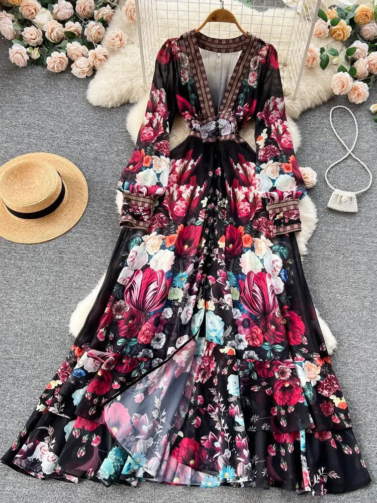 Fashion Runway Gorgeous Flower Chiffon Cascading Ruffles Dress Women Deep V Neck Long Sleeve Floral Print Boho Robe Vestido 241112