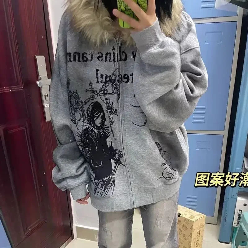 Y2K Neo Gothic Printed Hip Hop Fashion Elements Hoodie Loose Large Leather Collar Thick Coat Harajuku Jacket 241126