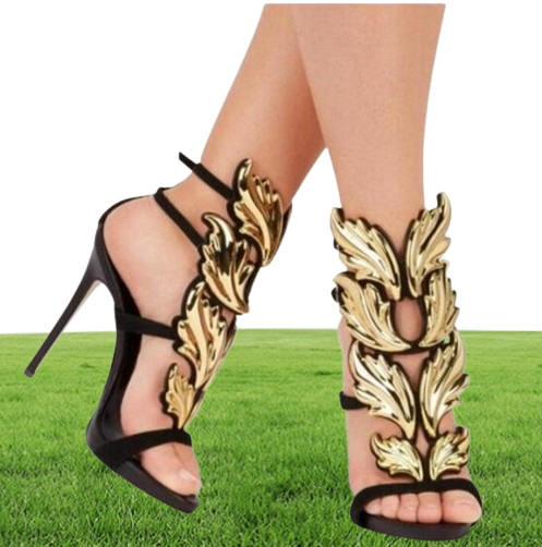 Kardashian Luxury Women Cruel Summer Pumps Polished Golden Metal Leaf Winged Sandals High Heels Shoes With Box