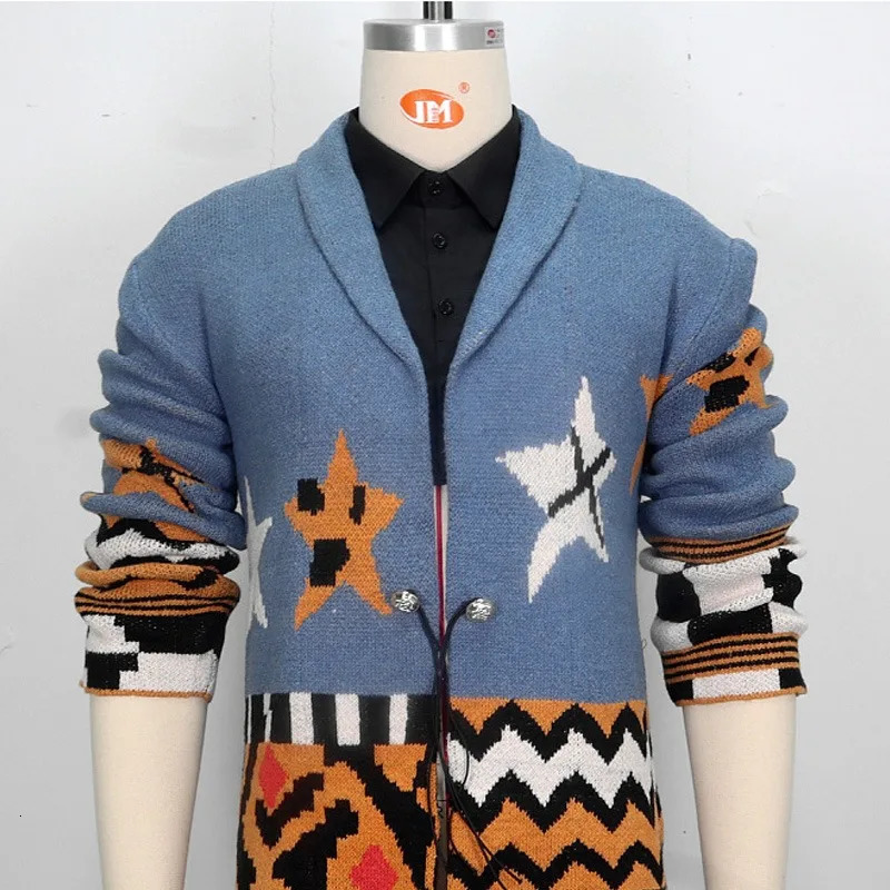 Mens autumn and winter jacquard knit mid length lapel cardigan sweater jacket business and leisure printed cardigan mens style 241126
