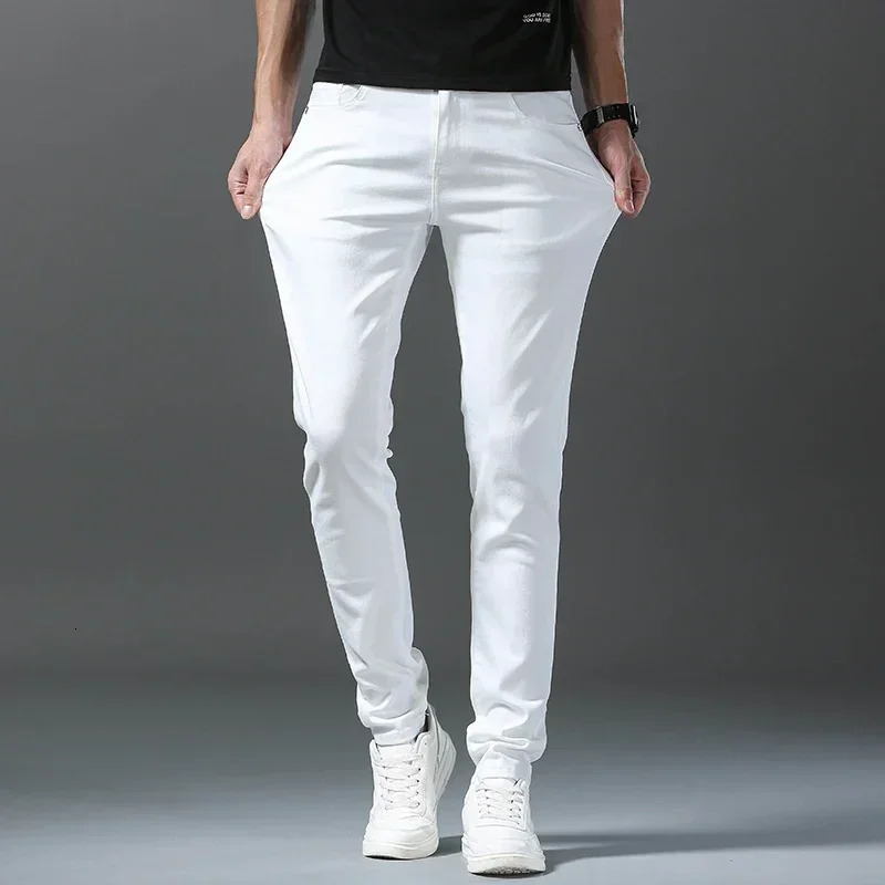 Spring Summer 98%Cotton Mens Slim Jeans Straight Casual Fashion Pencil Pants High Quality Trousers Male Clothes White 241126wtt