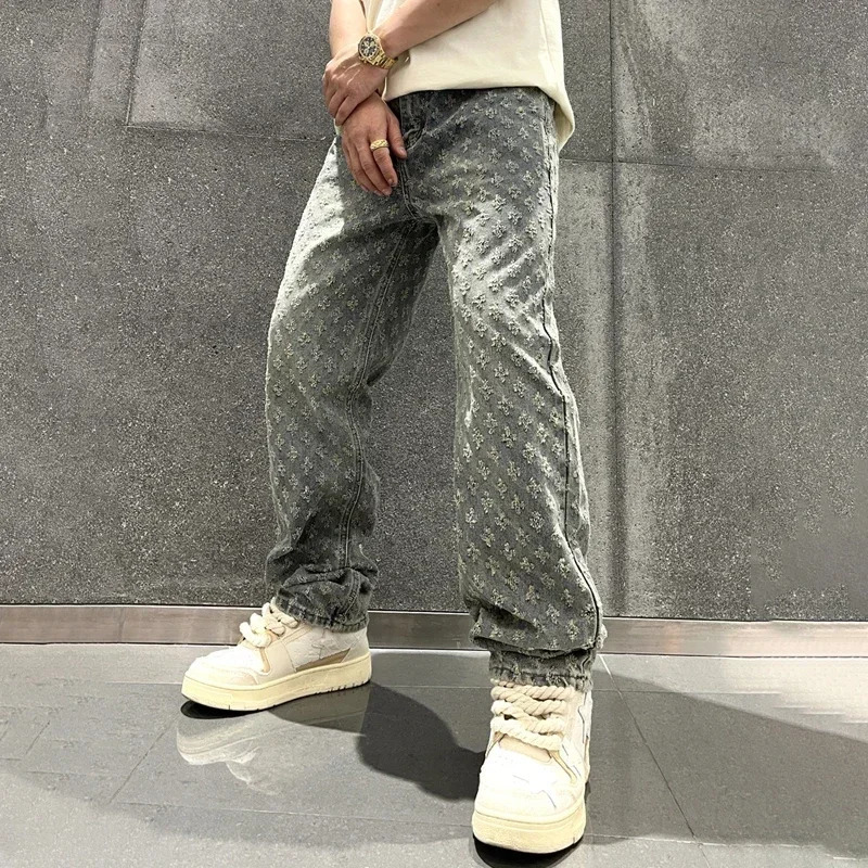 Jacquard Pattern Denim Pants Male Straight Fitting Baggy Bottoms Distressed Wide Jeans For Men 241126wtt