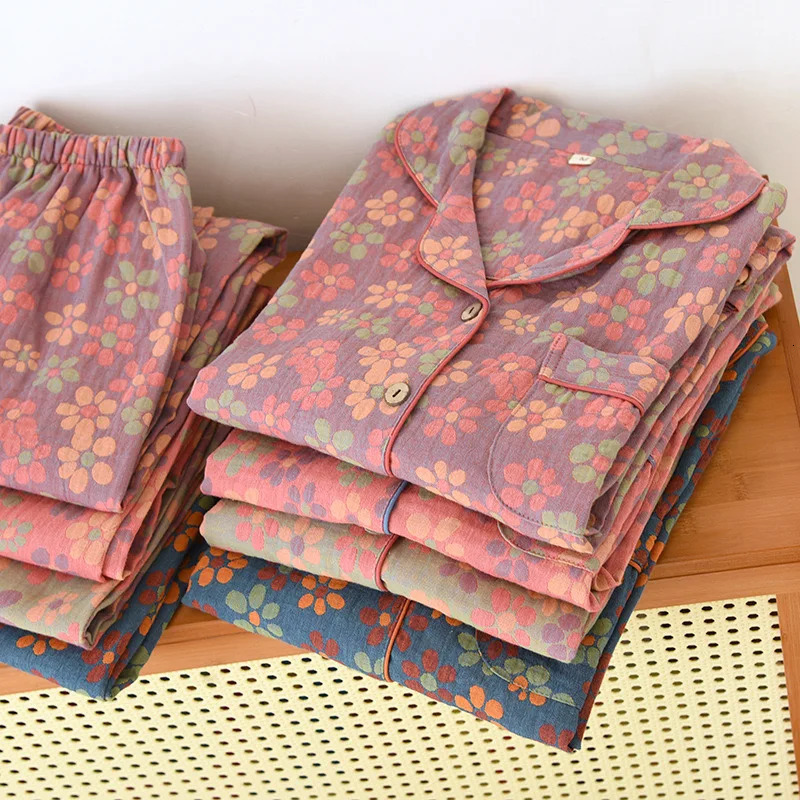 100% pure cotton crepe yarn Homeclothes autumn and winter womens sleepwear set long sleeved mens 2-piece linen dyed jacquard sleepwear 241126