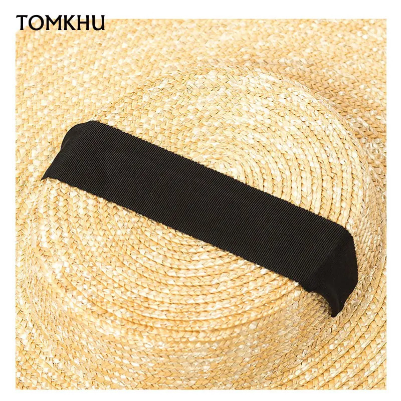 Wide Brim Sun Hat 15cm Brim Rowing Straw Hat Flat Womens Summer Derby Chapeau Hat White Black Ribbon Tie Sunscreen Beach Hat 241125