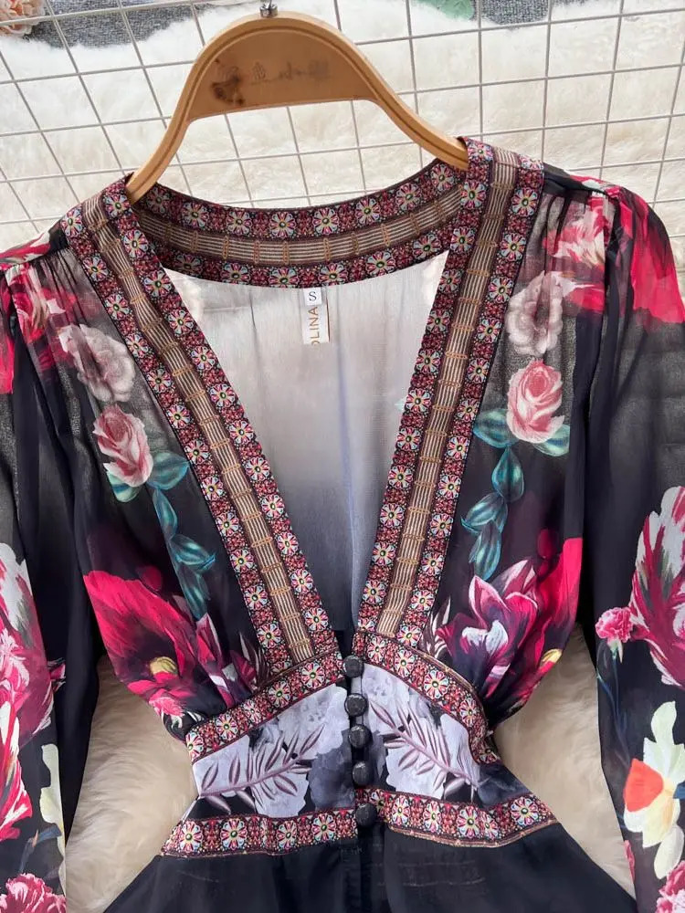 Fashion Runway Gorgeous Flower Chiffon Cascading Ruffles Dress Women Deep V Neck Long Sleeve Floral Print Boho Robe Vestido 241112