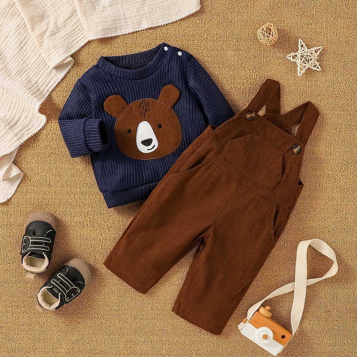 Clothing Sets Baby Boy Fall/Winter Long Sleeve 2pcs Cartoon Bear Sweatshirt + Suspender Trousers For Fashion Outdoor Streetewar Clothes Set H241126