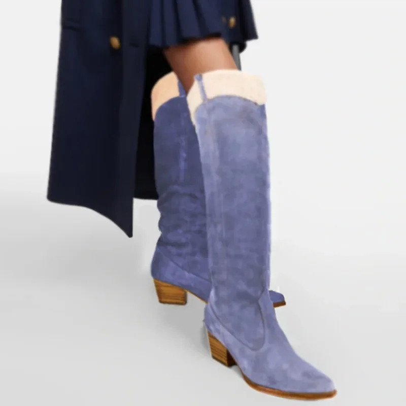 European and American style womens suede Western style cowboy boots corner splicing sleeves thick high heels knee high boots 241126