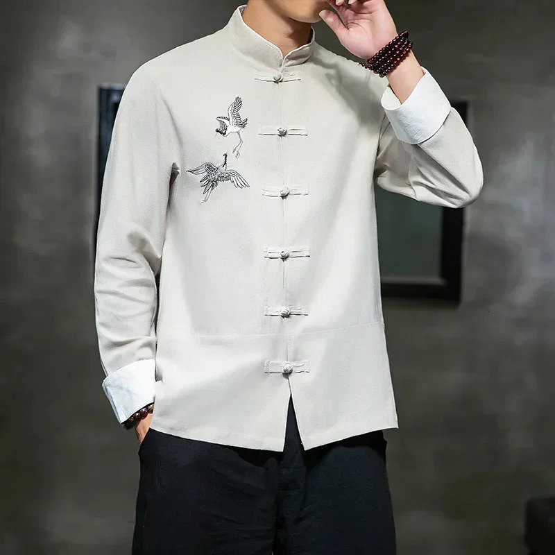 Crane embroidered shirt traditional Chinese retro mens half sleeved linen solid Madarin collar Hanfu Kungfu cardigan 241126