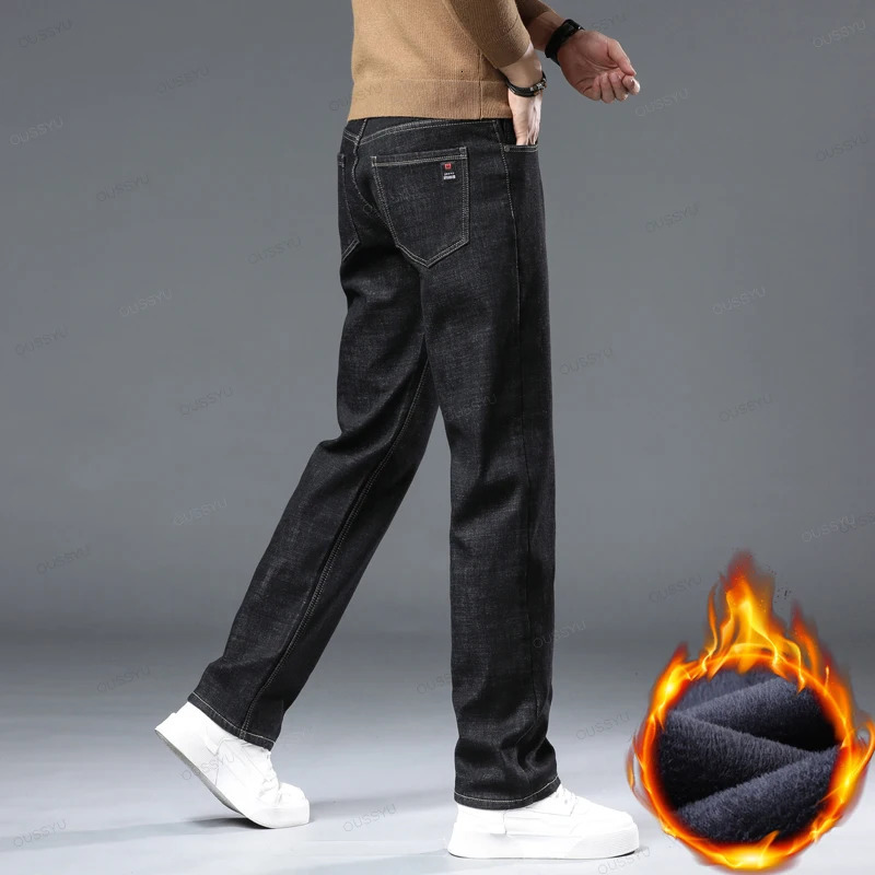 Winter Fleece Warm Thick Jeans Men Business Straight Denim Pants Plush Flocking Work Outdoors Blue Trousers Male 241126wtt