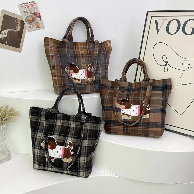 Retro Plaid Cartoon Woolen Shoulder Womens Bag Casual Lazy Wind Tote Large Capacity Shopping 241125