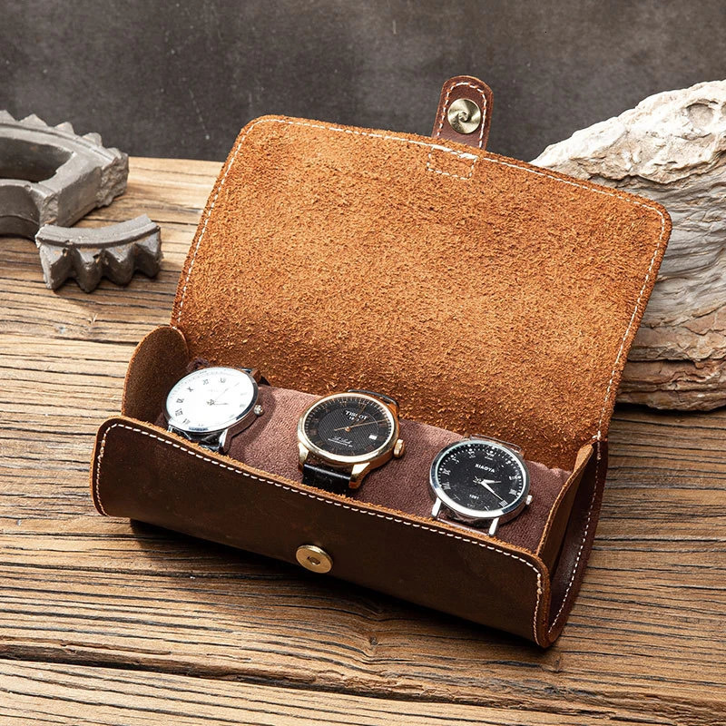 Crazy Horse Leather Watch Roll Case Portable Vintage Holder Travel Wrist Jewelry Storage Pouch Organizer 240415