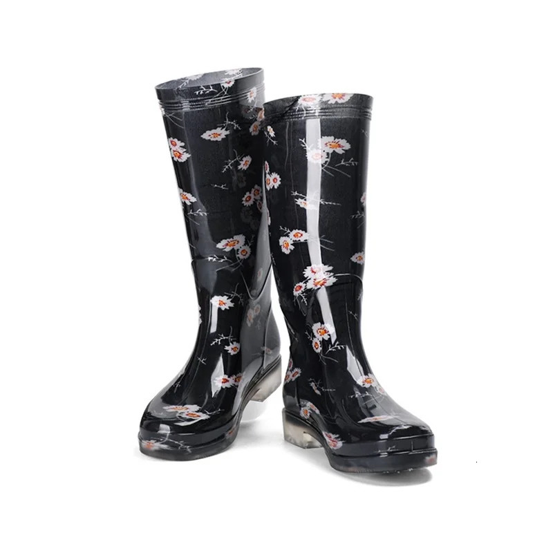 Womens adult Galoshes long boots floral printed rain boots PVC anti slip knee high boots womens rain boots free delivery 241126