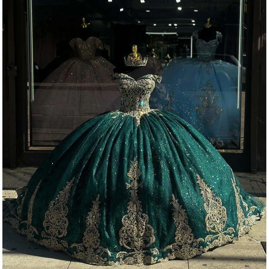Green Dark Princess Dresses Prom Ball Gown Off Shoulder Glitter Sequins Vestido De Quinceanera Gold Appliqued Masquerade Dress