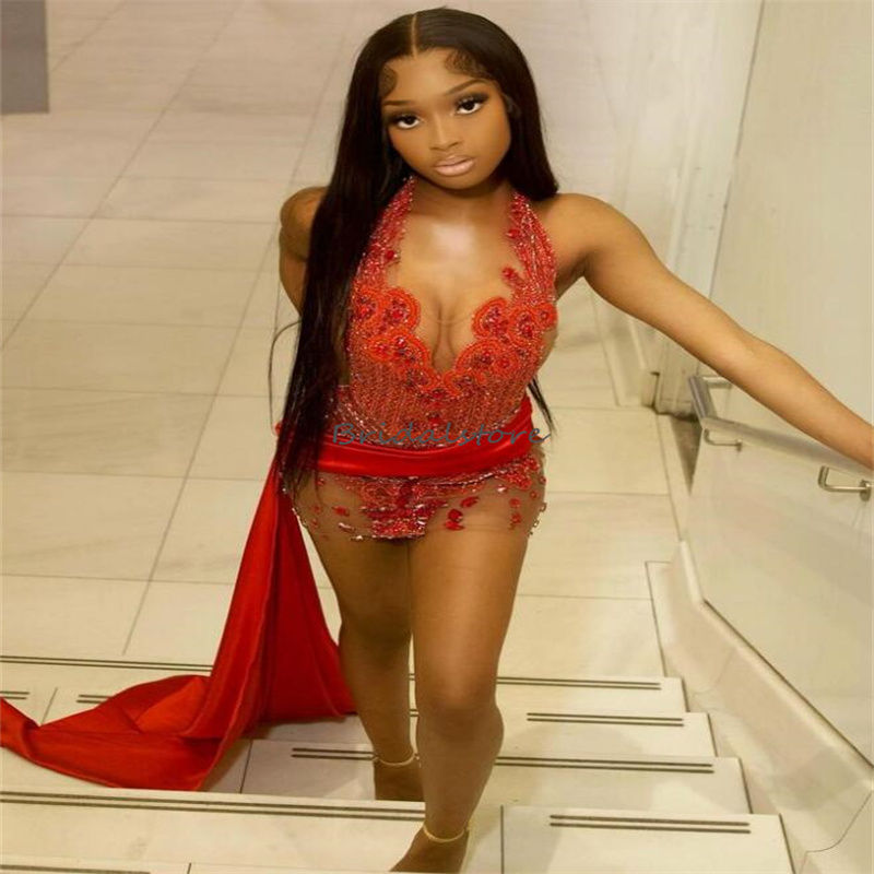Red Baddies Prom Dresses For Black Women Luxury Crystal See Through Short Evening Dress With Train Diamond Vestidos De Gala 2024 Aso Ebi Birthday Part