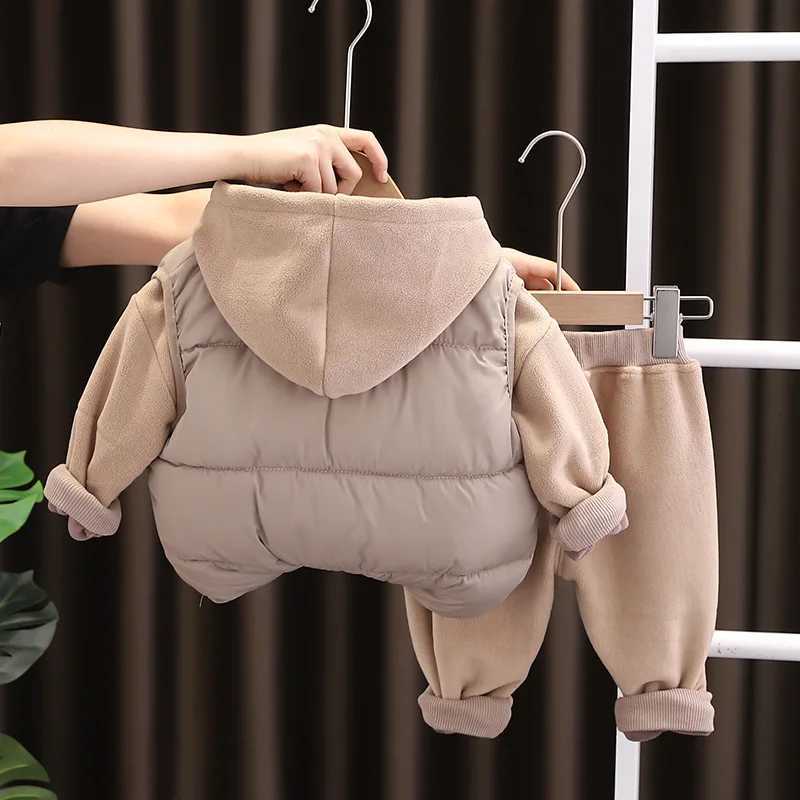 Clothing Sets Autumn Winter New Children Velvet Vest Hoodies Pants 3PCS Sets Boys Girls Thickened Suits Kids Thickening Warm Cotton Clothes H241126