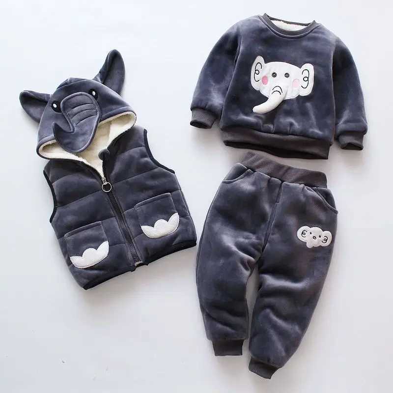 Clothing Sets Baby Girls Clothing Set Autumn Winter Velvet Thick Warm Casual Hooded Sweater Cartoon Elephant 3Pcs Toddler Boys Clothes Suit H241126