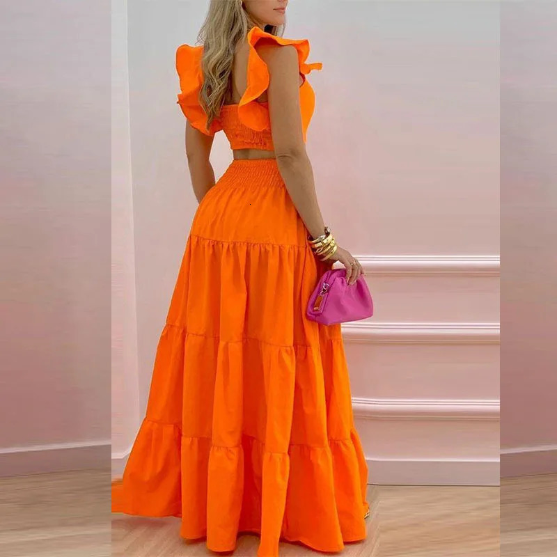 Dress Set Twopiece Womens Clothing Solid Color Sexy Suspender Large Swing Skirt Short Sleeved Square Neck Top Summer Outfits 240423