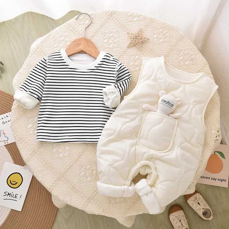 Clothing Sets Autumn Winter Baby Boy Girl Rompers Newborn Plush Thick Cotton Set Warm Striped Top+Jumpsuit with Doll 2pcs Casual Baby Clothes H241126