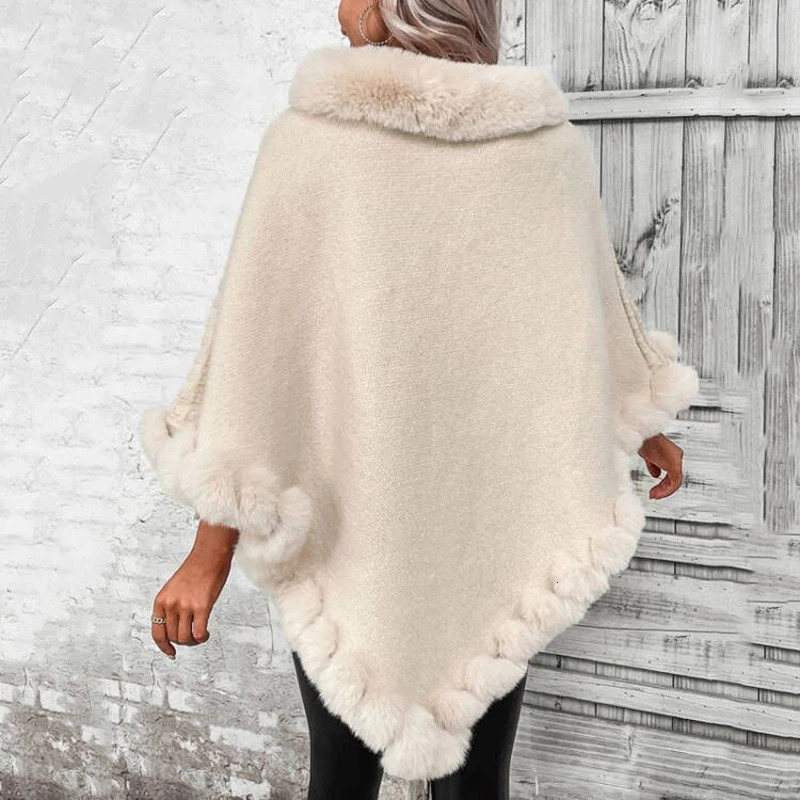 Fashion Plaid Stripes Faux Fur Pullover Cape Coat Women Autumn Winter Knit Poncho Cloak Wraps Travel Leisure Party Shawl 241112