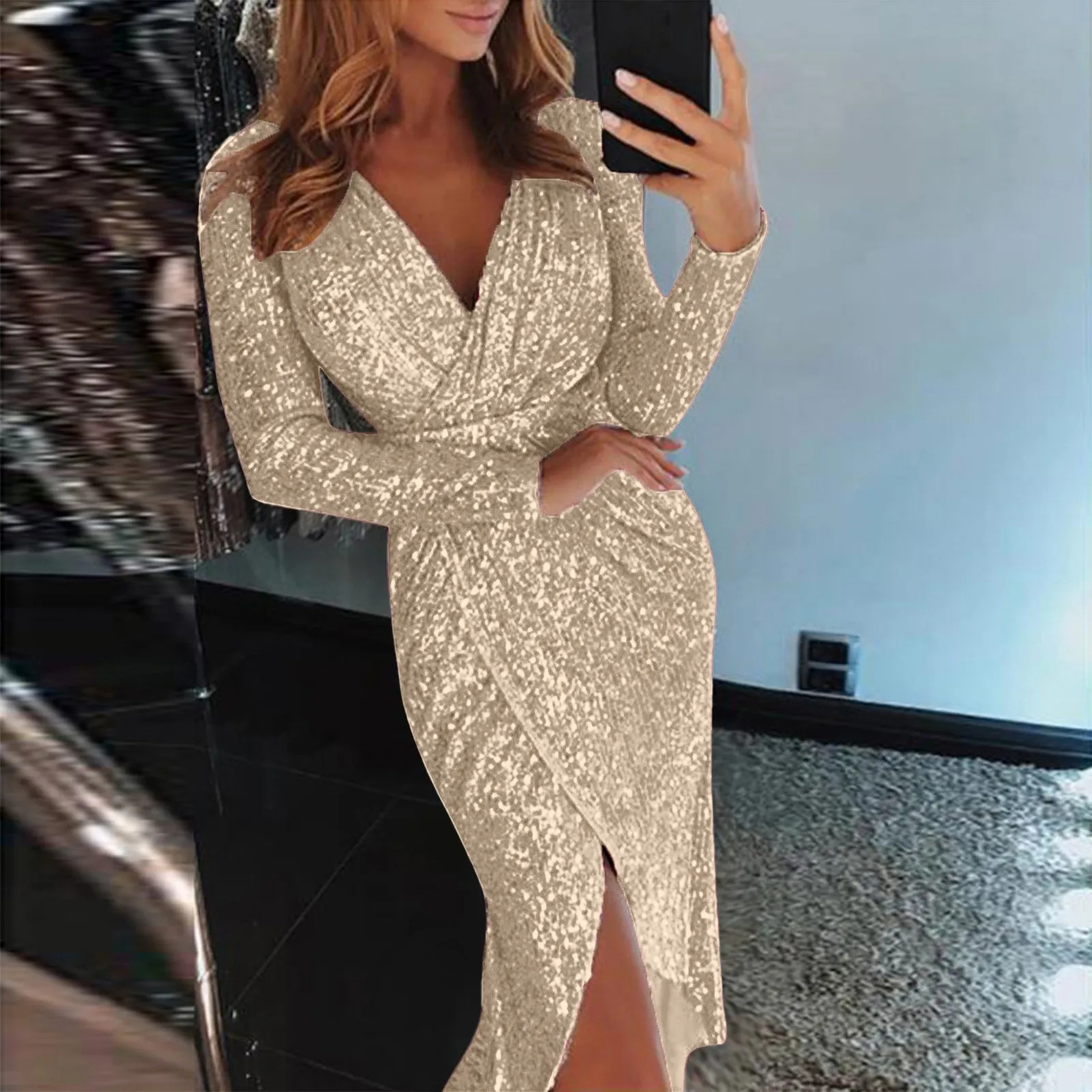Slim Night Club Party Dress Women Sexy Deep V Sequins Wrap Hip Ruched Long Sleeve Formal Nightclub Performance Costume 241112