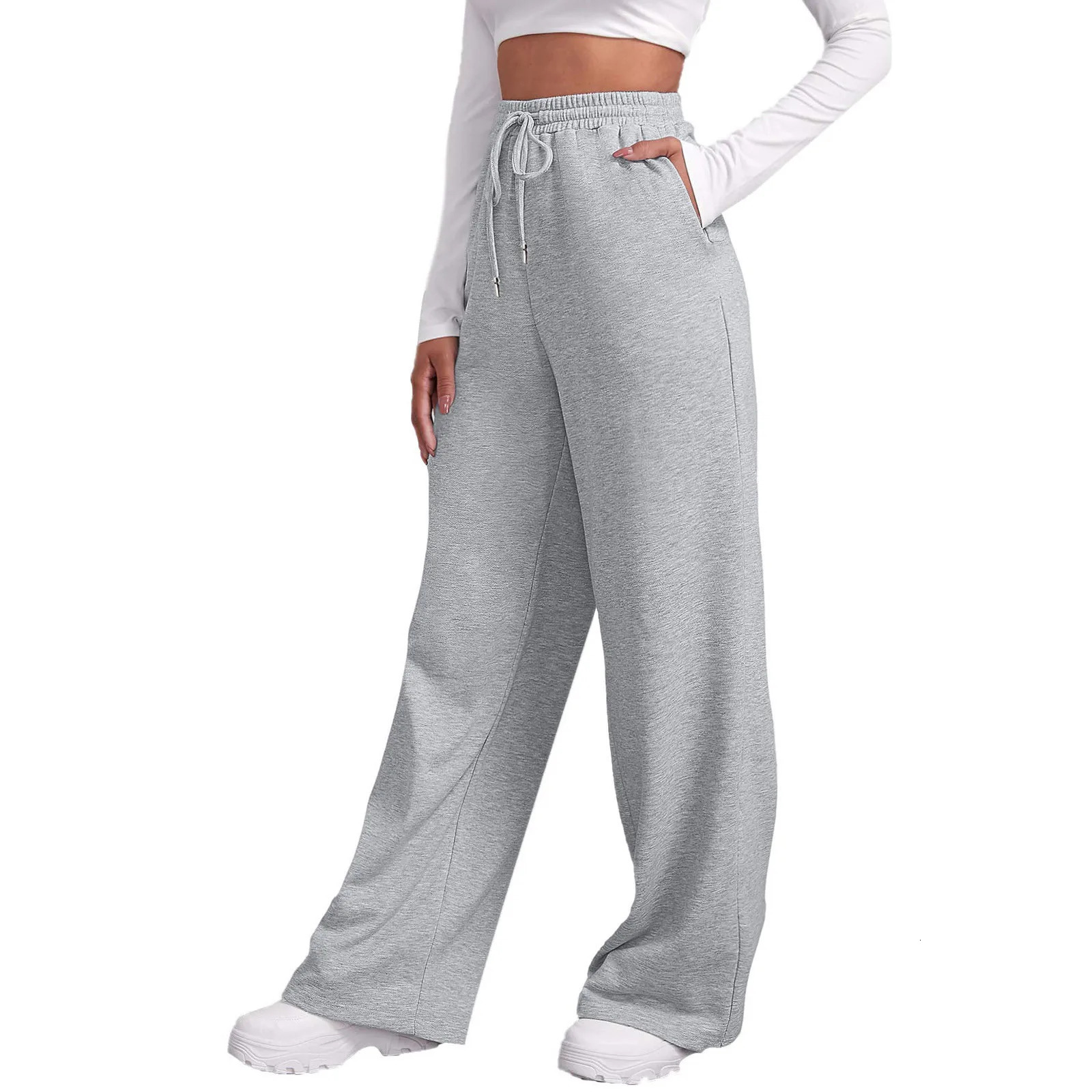 Womens Wide Leg Pants Fleece Lined Sweatpants Travel Basic Bottom Workout High Waisted AllMatch Fitness Joggers Straight 241121Z