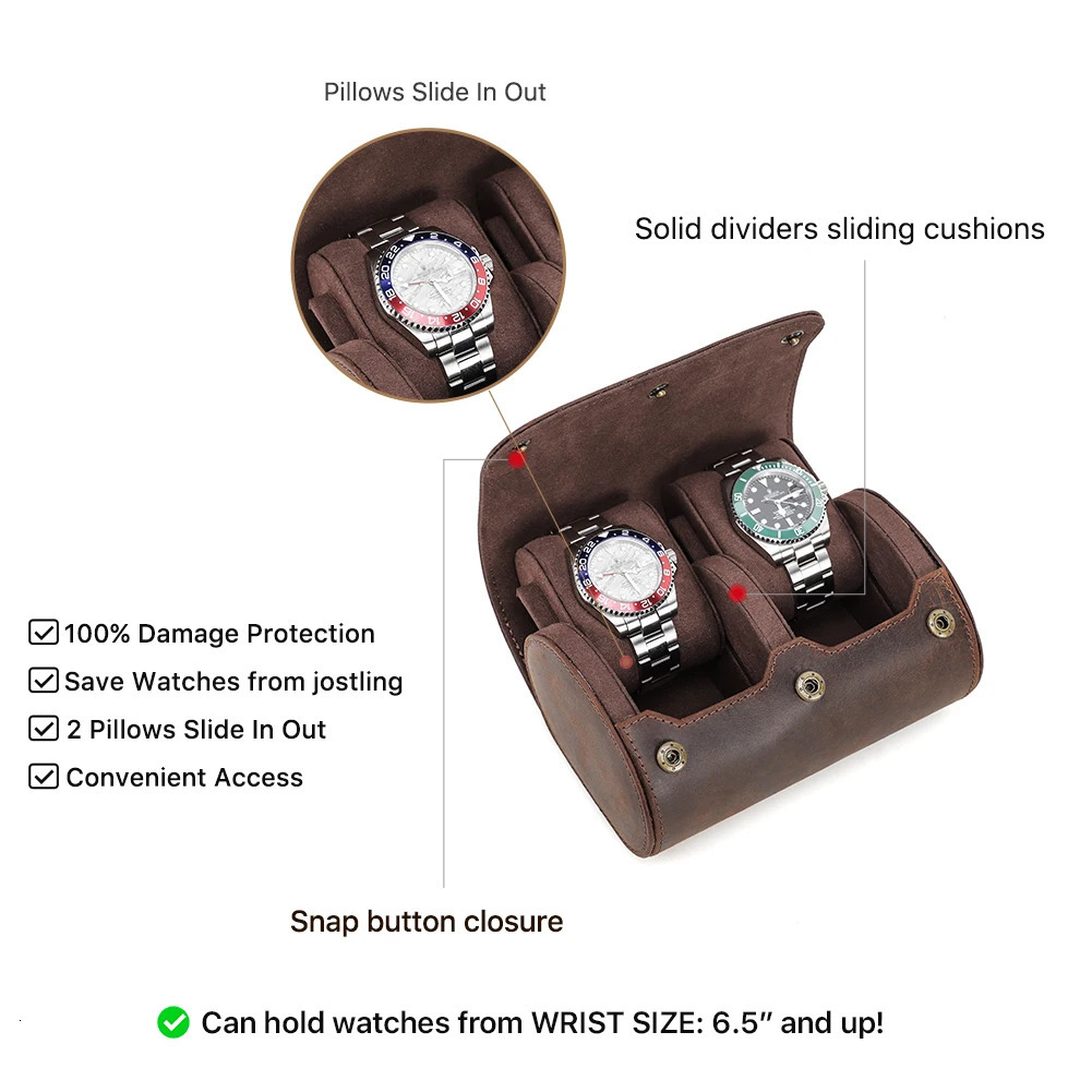 Vintage Leather 2 Slots Watch Roll Travel Case Chic Portable Display Watches Men Storage Box with Slid in Out Organizers 240415
