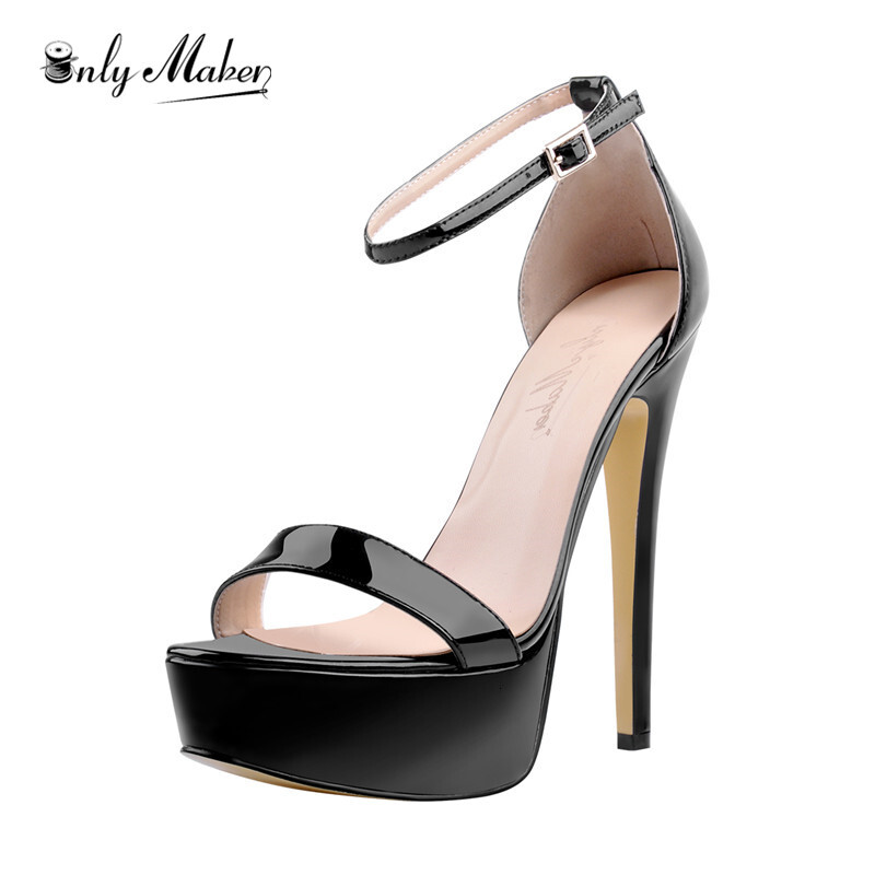 Onlymaker Women Peep Toe Platform Stiletto Single Band Patent Leather Ankle Buckle Strap Party Dress Summer Sandals
